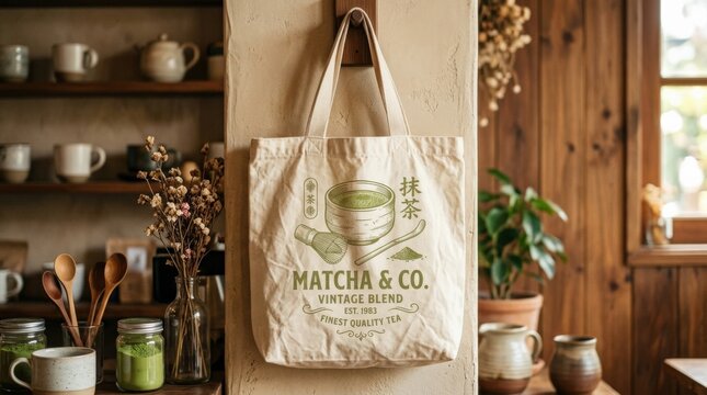 Cream fabric apparel or tote displaying a large vintage matcha cup graphic, lifestyle product photography, olive-green print, wrinkled textile texture, soft sunlight and nostalgic caf&eacute;-merchandise