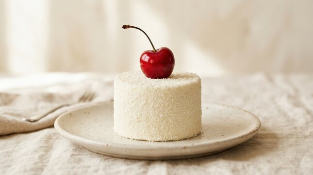 Minimal cylindrical white cake covered with fine crumb texture and topped by a single glossy red cherry, premium dessert photography, warm off-white background, soft studio shadows, elegant gourmet