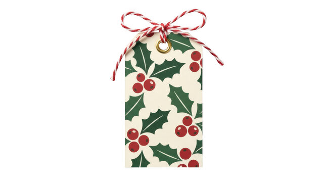 Christmas gift tag with holly pattern isolated on transparent background