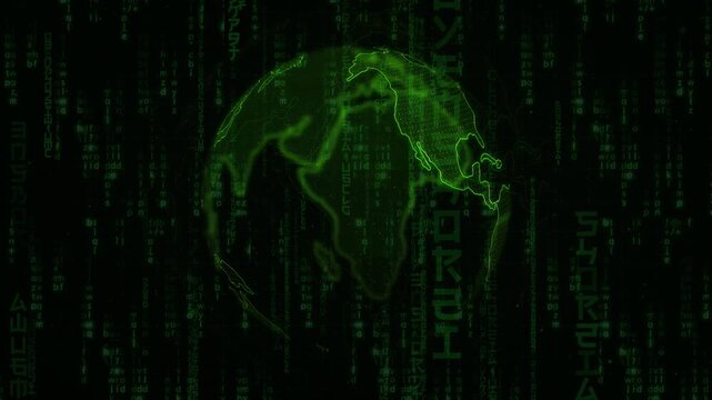 Digital Earth Globe Rotating in Loop With Matrix Code Background