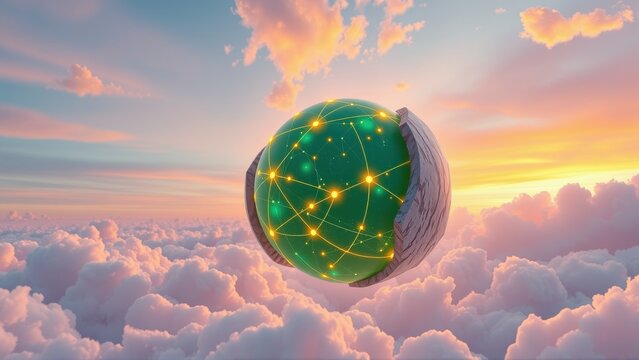 Glowing sphere floats above clouds. Half exposed core reveals network connections, sunset colors dominate sky. Digital illustration.