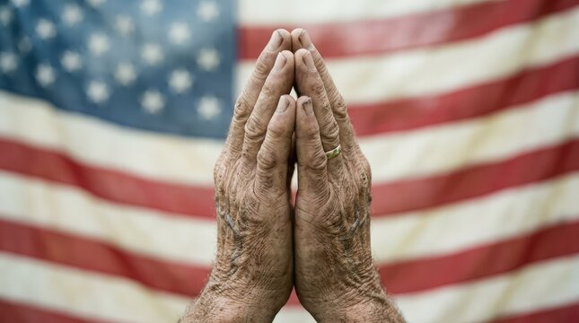 Hands raised in prayer against the backdrop of a blurred american flag symbolizing faith and patriotism