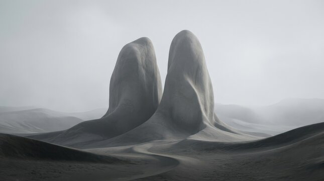 Twin rounded gray peaks rising like soft stone petals against a pale sky, abstract landscape CGI, muted monochrome palette, smooth matte texture, atmospheric haze and quiet biomorphic minimalism.