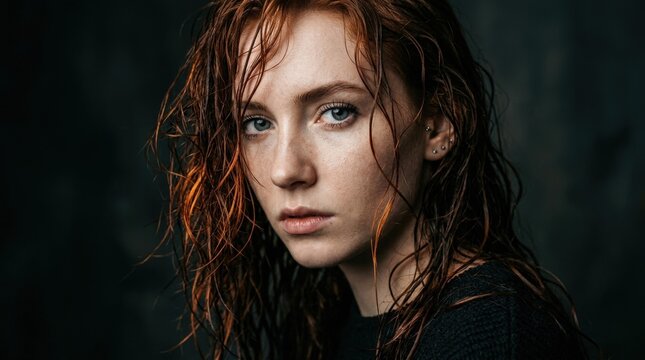 Close-up of a pale red-haired woman with wet tousled hair against a dark background, cinematic beauty portrait, vivid copper highlights, blue-gray eyes, natural skin texture and intense editorial