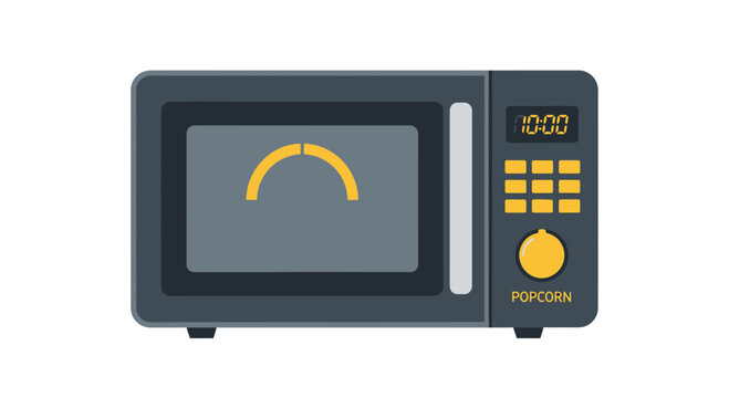 Modern dark grey microwave oven illustration with digital display and popcorn setting
