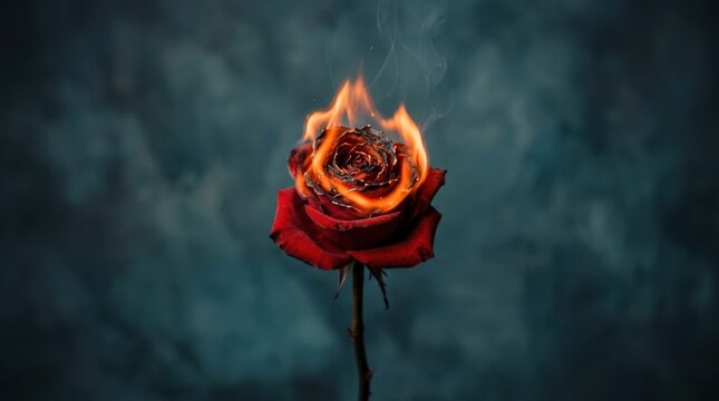 Single rose engulfed in a small flame against a muted blue-green background, surreal conceptual photography, orange fire and red petals, centered composition, soft studio light and dramatic