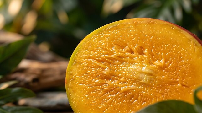 Fresh ripe mango half with bright orange pulp on a dark background.
