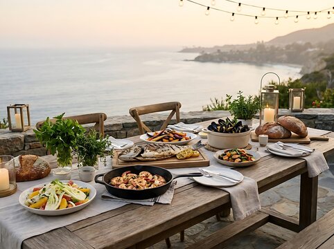Delicious dinner served on a long wooden table outdoors with a beautiful ocean view at sunset time. Ocean-to-table dinner