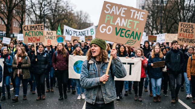 Activist with " Save the planet, Go Vegan" placard at climate change prostest