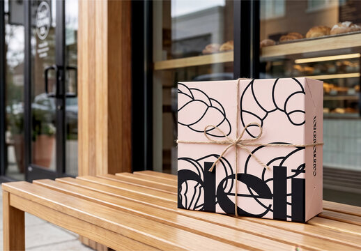 Bakery Box Tied with Twine on Bench Mockup