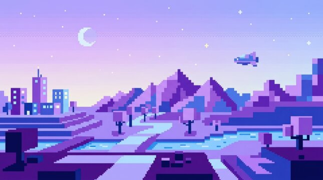 Minimal pixel-art landscape built from violet, lavender and blue rectangular blocks, retro digital illustration, low-resolution geometry, soft gradient sky and nostalgic futuristic visual language.