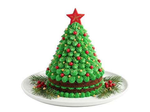 Christmas tree shaped chocolate cake with green frosting and red star isolated on transparent background