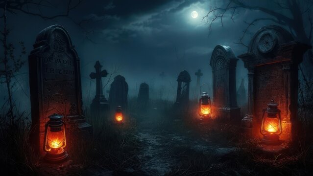 Moonlit graveyard path, misty, lanterns glow