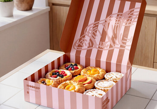 Open Pastry Box on Kitchen Counter Mockup
