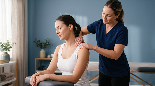 Skilled massage therapist relieving tension in a woman's shoulders on a specialized chair perfect for corporate wellness and stress relief promotions