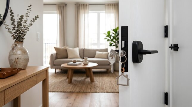 Key Inserted in White Modern Apartment Door Lock with House Keychain Charm and Cozy Living Room Interior