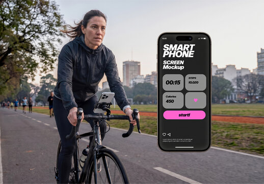 Smartphone Screen with Woman Cycling Mockup