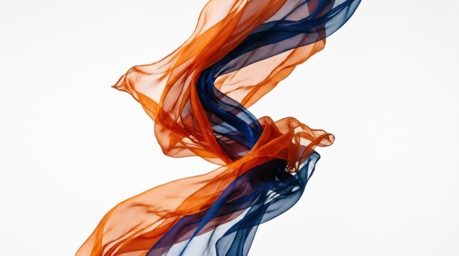 Flowing orange and deep blue fabric twisting upward on a clean white background, abstract motion photography, translucent silk texture, dynamic sculptural form and bold complementary color palette.