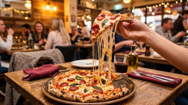 Hand lifting a slice of pizza with long melted cheese strings above a plate, food photography, warm restaurant lighting, red and golden tones, indulgent texture and lively casual dining atmosphere.