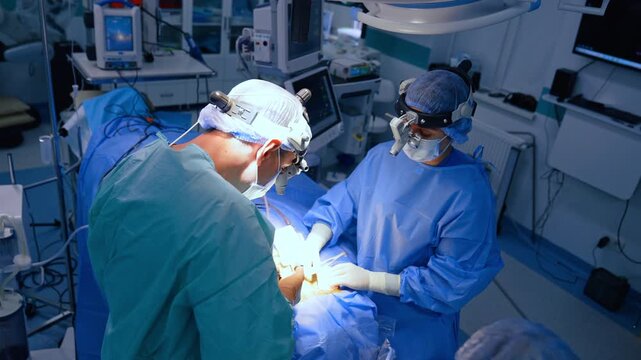 Group of medics stand around the operating table. Professional neurosurgeons perform operation under bright lamp. High-angle view.