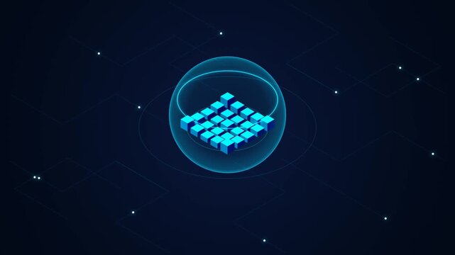 Blue Isometric Data Cubes Floating Inside A Glowing Digital Sphere On Dark Technologic Background