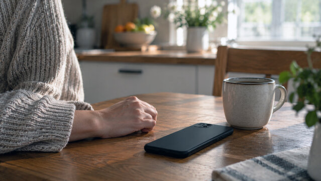 Woman sitting at a kitchen table beside a smartphone and cup of coffee in a quiet everyday home setting