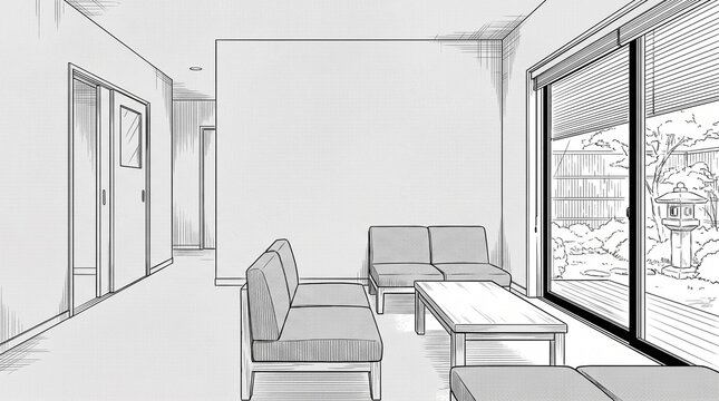 日本庭園が見える現代的な待合室 白黒漫画背景