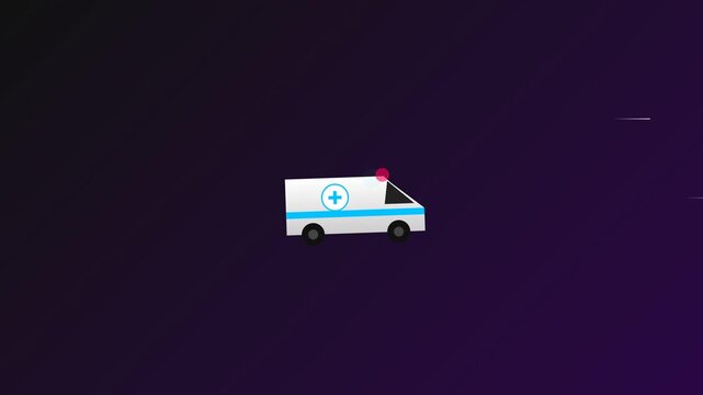 Flat design ambulance car driving animation on dark road background, emergency medical service rescue concept loop