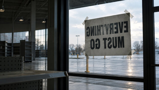 Empty retail store with a closing notice taped to the glass entrance after a business shutdown