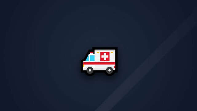 Flat design ambulance car driving animation on dark road background, emergency medical service rescue concept loop