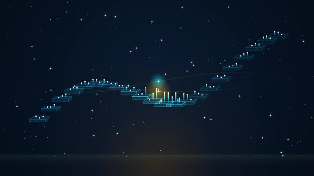 Data Visualization Wave Chart with Glowing Particles and Floating Platforms in Dark Digital Space