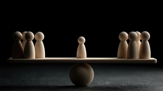 Strategic risk decision concept with miniature figure balancing between two groups