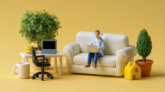 Work from home balance concept with miniature figure between home and office elements