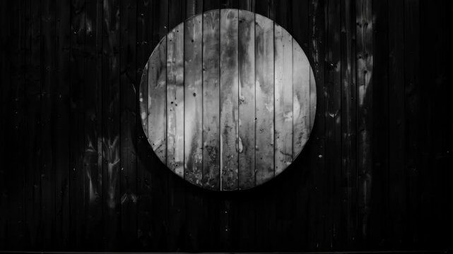 Abstract circular metal disk on rustic dark wood plank background