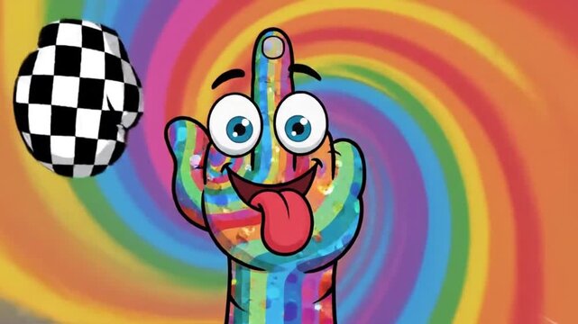 A colorful cartoon hand character with rainbow patterns and big eyes showing a playful gesture against a swirl