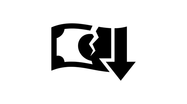 Black icon representing a broken banknote with a downward arrow signifying financial loss.