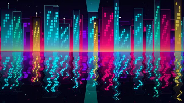 Futuristic Cyberpunk City Skyline with Vibrant Neon Building Lights Reflecting on Water Surface Moti