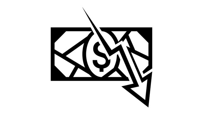 Black and white icon of a dollar sign with a downward trending arrow.