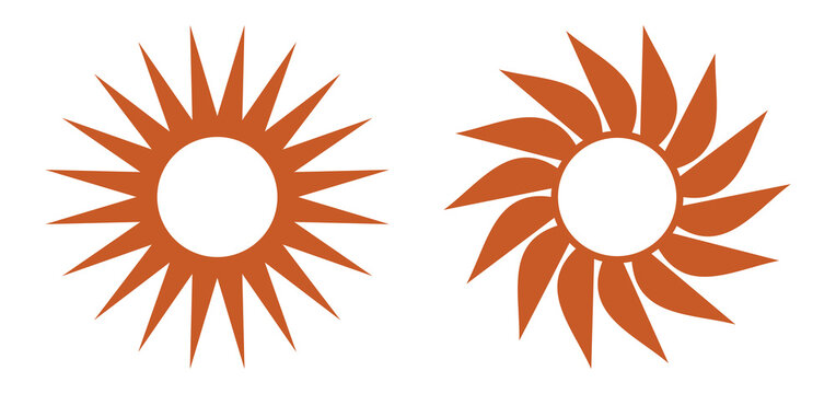 Set of two abstract sun icons with straight and curved rays isolated on transparent background