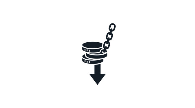 Minimalist icon of coins chained to a downward arrow representing financial loss.