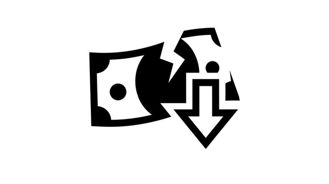 A black and white icon showing a torn banknote with a downward arrow representing financial loss.