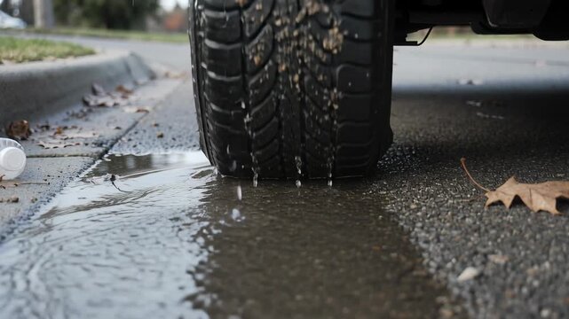 Rolling car tire moving when driver accelerating, pressing puddle at curb, splashing bottle, gravel