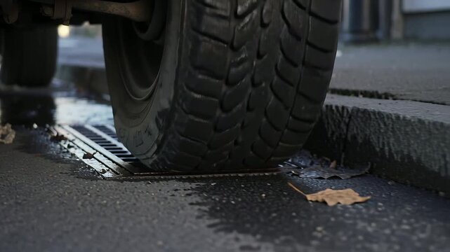 Car moving forward, rolling tire splashing into puddle at curbside, pushing water into drain grate