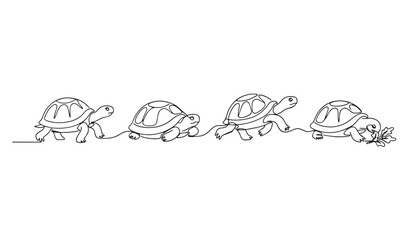 Obraz premium Continuous Simple black line art drawing set of four turtle in white background.
