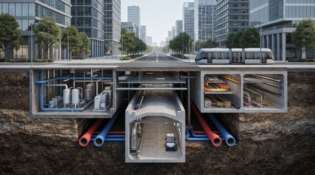 utility tunnel subsurface architecture below ground systems metro systems city planning civil engineering pipe networks cable management municipal utility ground level transport