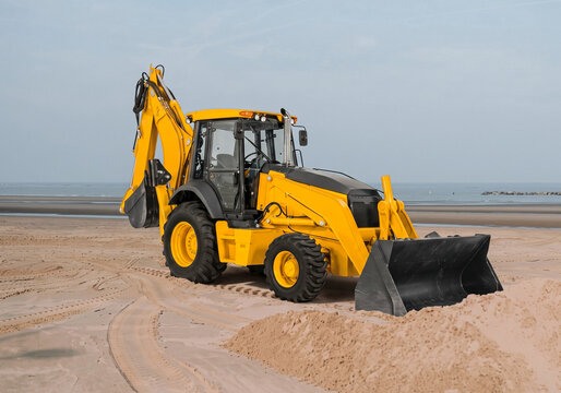 Yellow heavy backhoe loader tractor working on sandy beach coastline for coastal construction