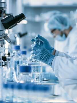 Scientist working with laboratory glassware and microscope, biotechnology research and medical science testing concept