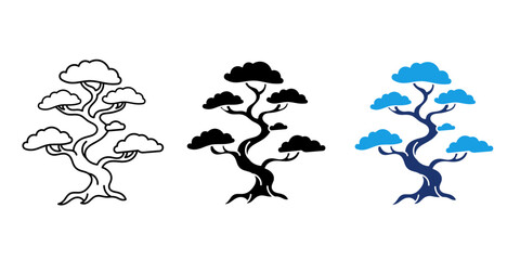 Fototapeta premiumBonsai tree icon set featuring minimalist japanese potted plant symbols in outline, glyph, and duotone style for zen, nature, and UI design applications. 