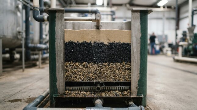Cutaway diagram of a water filtration tank showing layered sand and activated carbon media inside a treatment plant