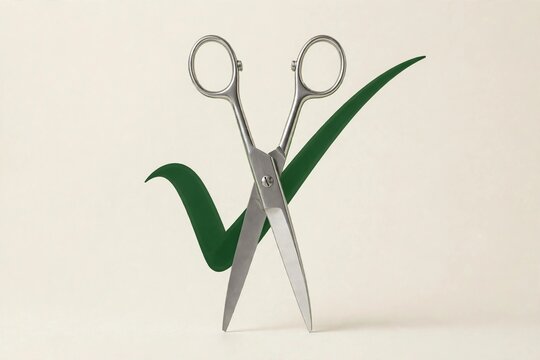 Silver scissors standing open with green check mark on cream background
